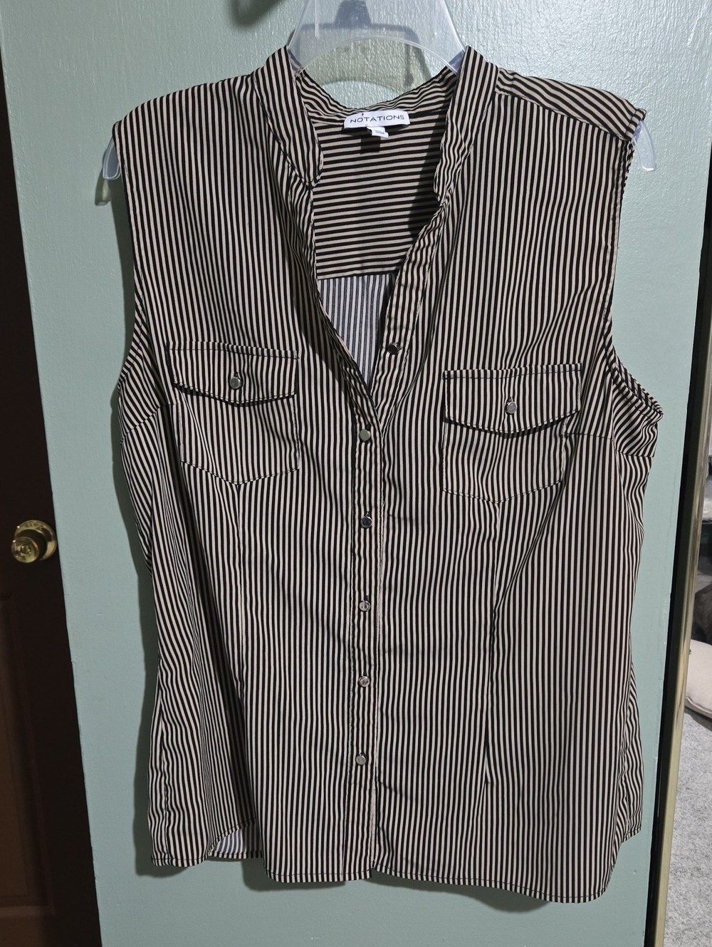 Notations Black and Beige Vertical Stripe Sleeveless Button-Down Shirt
